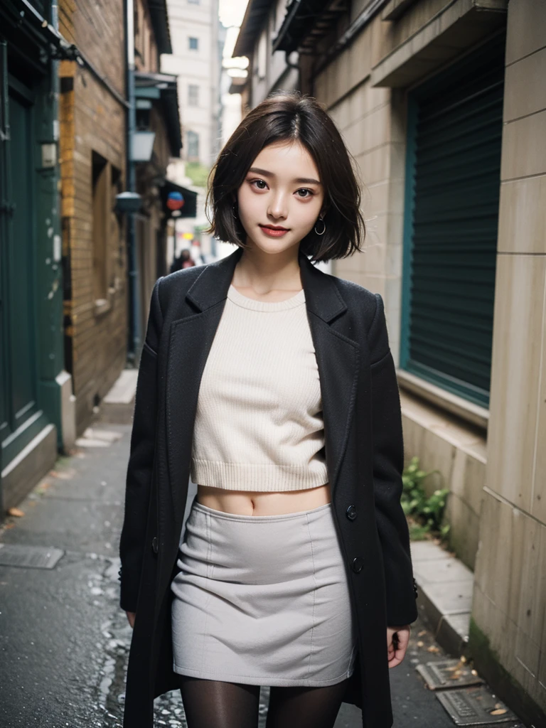 a 19 year old face of the most beautiful actress in the world, the perfect body proportions of a female, blazer is worn with shirt on female upper body, vagina in panties between bare legs are almost seen thanks to skirt is too short, the short hair cut of a female, sexy tight skirt suit of a female, standing, at the city street, nsfw, best quality, highly detailed, masterpiece, ultra high res, photo realistic, 8k