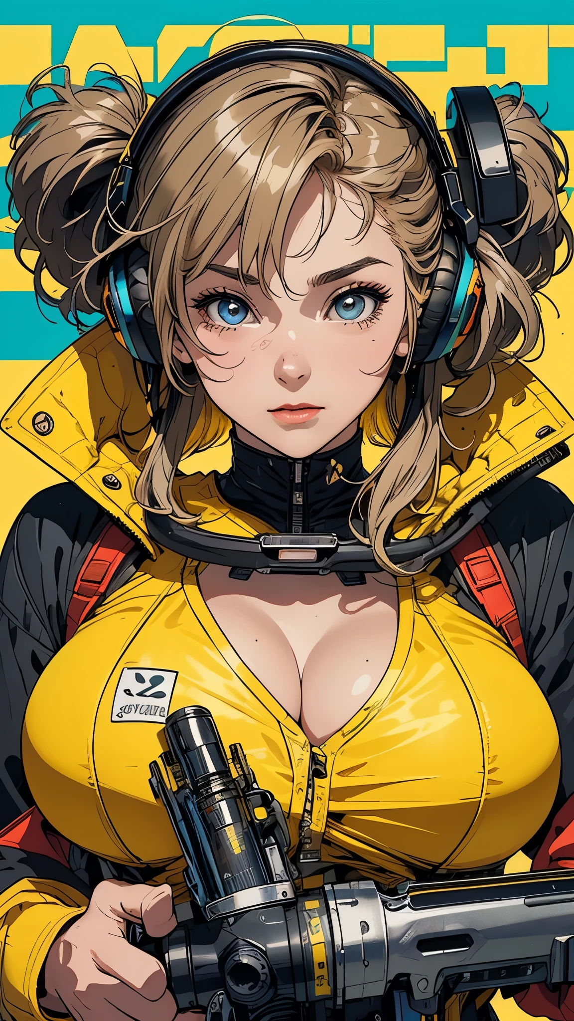 masterpiece,(masterpiece, top quality, best quality),1girl, solo, breasts, camera, brown hair, belt, hand on hip, holding, medium breasts, yellow bodysuit, choker, jumpsuit, simple background, looking at viewer, white background, no bra, smile, bodysuit, short hair, cowboy shot, bangs, holding camera, standing, lips, closed mouth, brown eyes, medium hair, center opening, contrapposto, breasts apart, jewelry