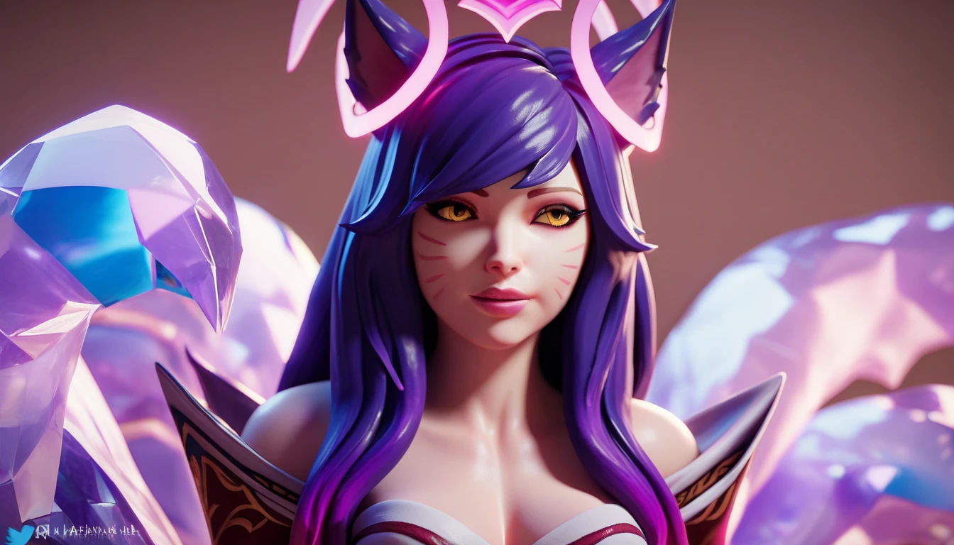  Ahri League of Legends in a purple halo, pink mist around her,  high quality , bright colors,  fantasy style , Art 3D,  high detail , erotica, masterpiece, 18+ Drawn body, face, Hands,  High definition, 2k