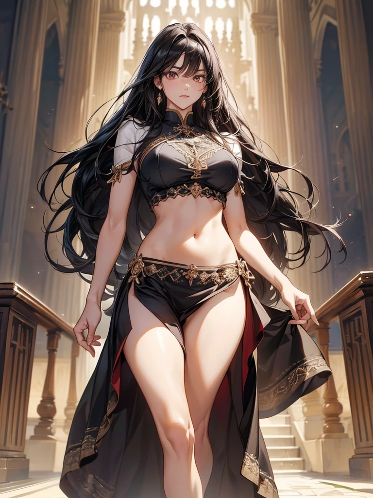 long hair, black hair, medium breast, slim legs, happy, bluish gown, cleavage, arabian belly dancer , short skirt, rin tohsaka, twin tail, navel, garden, blue eyes, tiara, standing, thigh high socks, sunlight