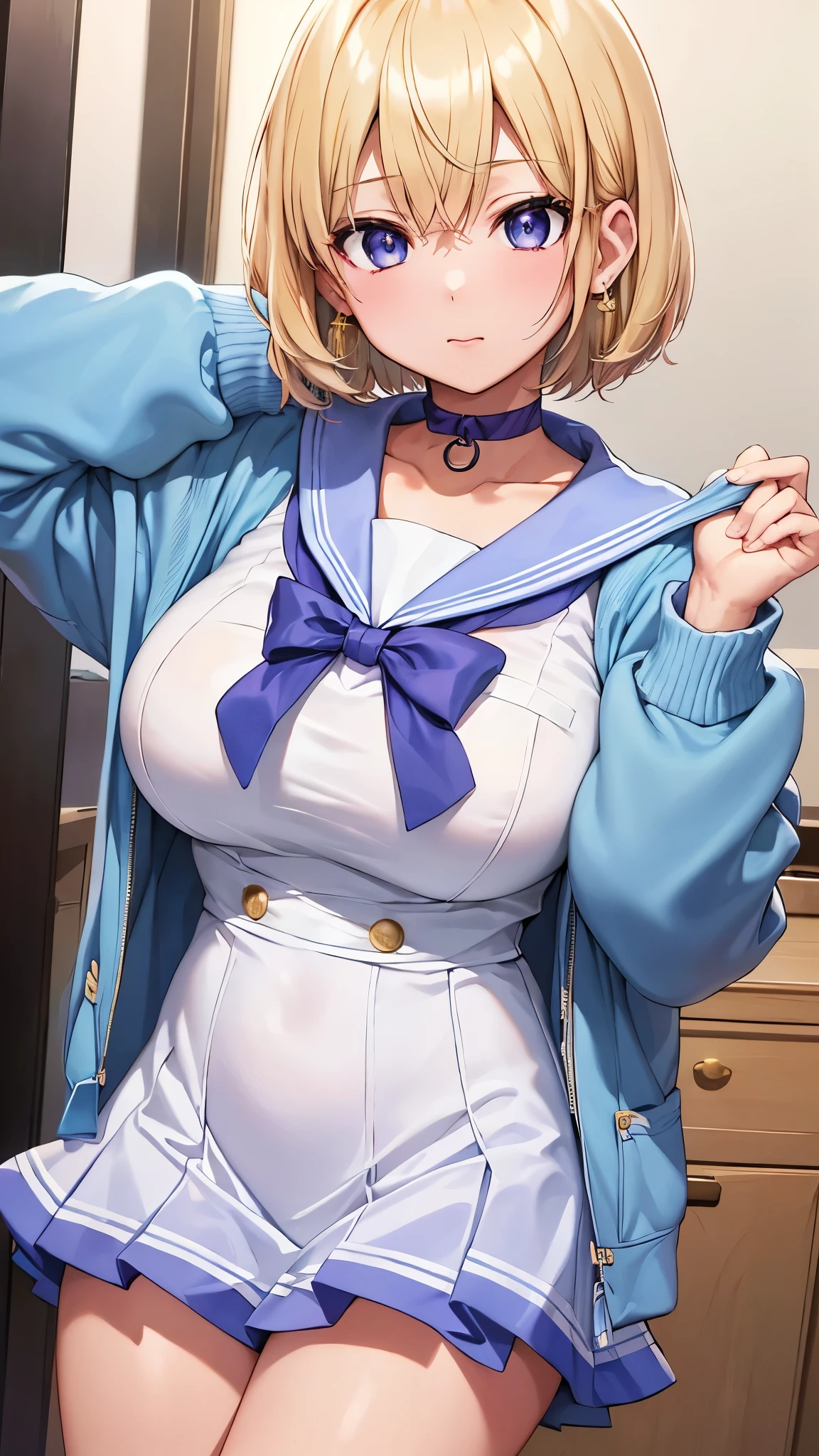 Umino Yuki 、 masterpiece ,  top quality、  top quality,(8k resolution),Beauty、(  looks like an adult), （  Sexy Perfect Style  ）、(  Big Breasts  )、  blonde bob cut、(White and blue sailor suit)、(  blue skirt)、(( Bring your chest closer ))、  purple eyes、 purple earrings 、 purple choker 