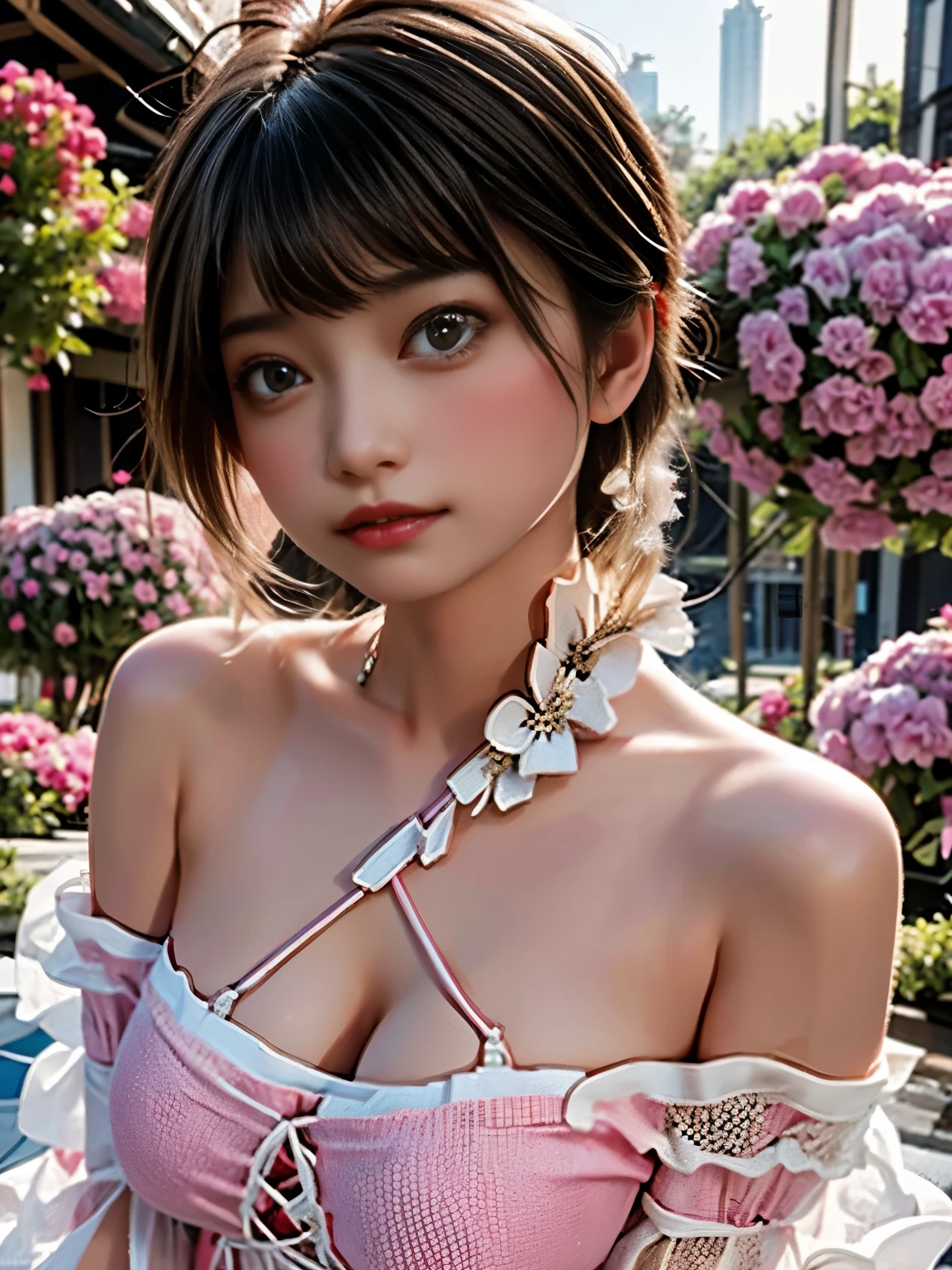 ultra-detailed, sitting under a blooming cherry blossom tree in a vibrant garden, surrounded by colorful flowers. She has radiant, expressive eyes, full of curiosity and innocence. Her lips are delicately curved into a gentle smile. Her hair are tied back with a ponytail and bangs. She wears a necklace, a bracelet, and dangling earrings. The sunlight filters through the branches, casting soft shadows on her face. The cherry blossoms create a dreamy atmosphere with their soft pink petals gently falling around her. The schoolgirl's uniform consists of a very short crop top, a pleated miniskirt, and white thigh-highs. The garden is filled with a variety of flowers, including roses, tulips, and daisies, in vibrant shades of pink, red, yellow, and purple. The scene is bathed in a warm, cinematic light, with a slight golden hue, giving it a romantic and nostalgic feel. The image quality is of the highest standard, with ultra-fine details visible in every aspect, from the delicate strands of hair to the intricate patterns on the schoolgirl's uniform. The colors are vivid and vibrant, with a perfect balance of saturation and contrast. The lighting creates a soft, enchanting glow, enhancing the allure of the scene. The overall composition exudes a sense of tranquility and beauty, inviting the viewer to immerse themselves in the serene moment.