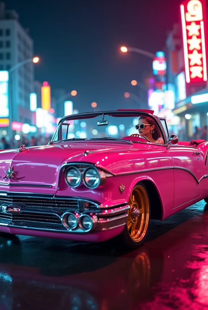 Full, center photo of a 1959 Oldsmobile convertible,Shiny , brightly colored pink , The painting reflects everything around , style sweatshirt with metal case , Surrounded by colorful neon lights , Roda Grossa , Golden Wheel, golden details , woman driving with sunglasses , Neon in the car paint , The paint reflects everything around her , Detailed headlights , Very detailed headlights , as detailed as possible , surrealistic as possible , Best Quality, Raw, masterpiece, Ultra-detailed photos, Best Quality, ultra high resolution, Realistic, sunshine, Frames the entire car in the photo , very beautiful ,, dynamic posture