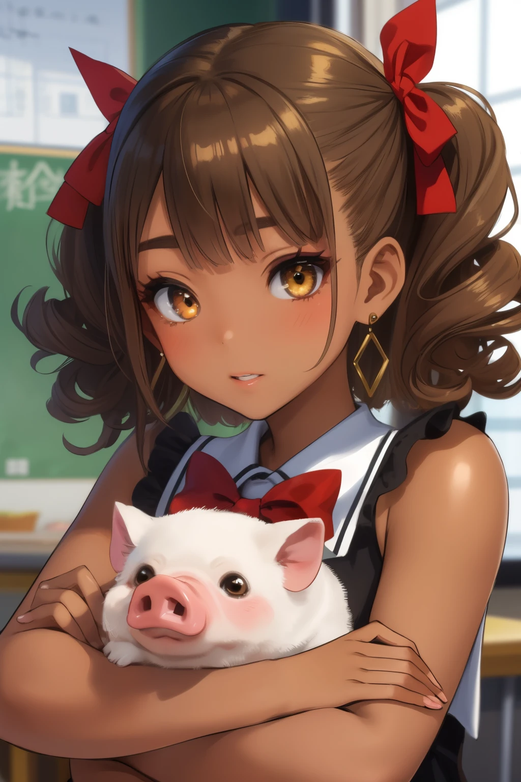 (  Masterpiece  ,   top quality:1.2),  turn an elementary school girl into a pig   ，dream，Young 凄く若いvery凄く小さな少女，Chibi:1.5， has long eyelashes，Ganguro:1.2，  dark skin tone  , very，  dark skin tone  ，   eyeshadow，   earrings for women alone ， tan，    glowing skin  ，Lower metallic tan，  brown hair，very短い髪、  Short Straight Bang    ，  curly hair perm，  red ribbon ，very短い:1.3，&#39;Body Type，  flat bust  :1.3， swollen areolas:1.5，   earrings for women alone ，Veil，  gem ，Alone，wedding   dress，flower bouquet，  dress，bridal Veil，flower，  Gloves with Elbow Support  ，white   dress， gloves，flower bride，   upper body，From the side，[  profile，   White handbag ，  Rose，  rise of the center ，shut up，hoop    earrings for women alone ， White Flower ，holding flower bouquet，