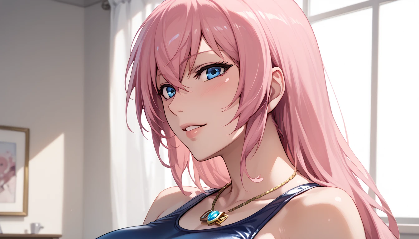 Erotic NSFW,(masterpiece), draw beautifully and in detail,ishigaki takashi Styles, vocaloid , an adult older sister,Megurine Luka,Long Pink Hair,Blue Eyes,Big Breasts, school swimsuit,lure,From the side, Add,Close-up of face,bedroom