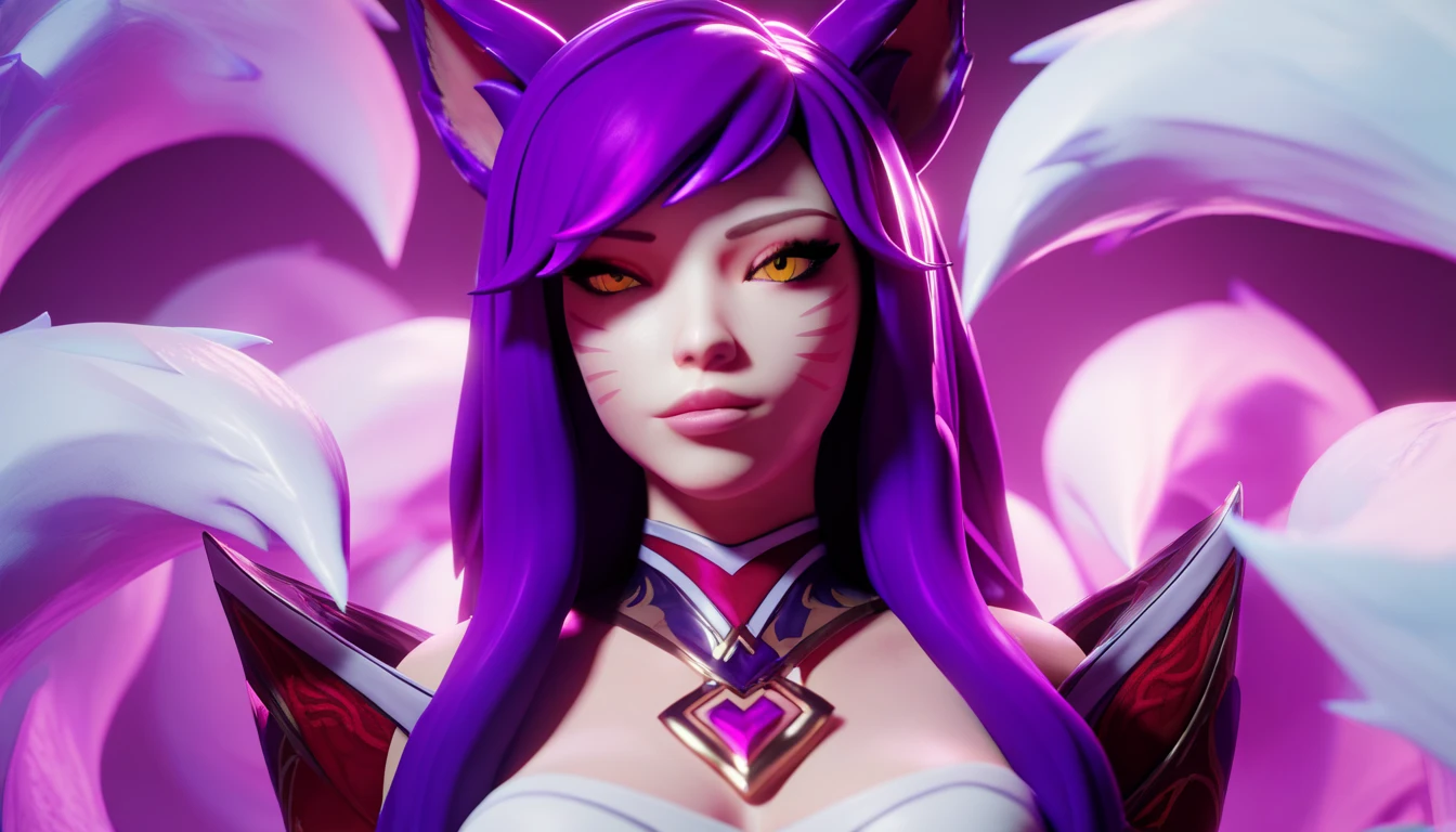  Ahri League of Legends in a purple halo, pink mist around her,  high quality , bright colors,  fantasy style , Art 3D,  high detail , erotica, masterpiece, 18+ Drawn body, face, Hands,  High definition, 2k