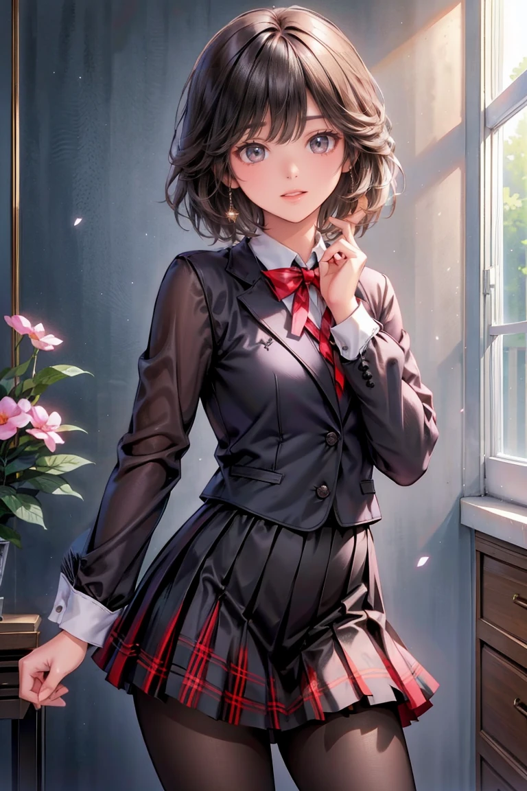 1girl, {{{5 head tall}}}, {{hdr}}, {{{masterpiece}}}, 4k, beautiful anime teen, {high resolution illustration}, {finely detailed beautiful eyes and detailed face}, (very detailed CG Unity 8k wallpaper), best quality, cinematic lighting, (photorealistic), Detailed, Ultra-Detailed, Digital Art, beautiful face, (bloom), detailed background, The girl has black short hair, ((brown eyes)), {{{formal school uniform; (red neck ribbon), (red plaid skirt), (black blazer), (see-through black pantyhose)}}}, gaming room, smile, open mouth, playing game,