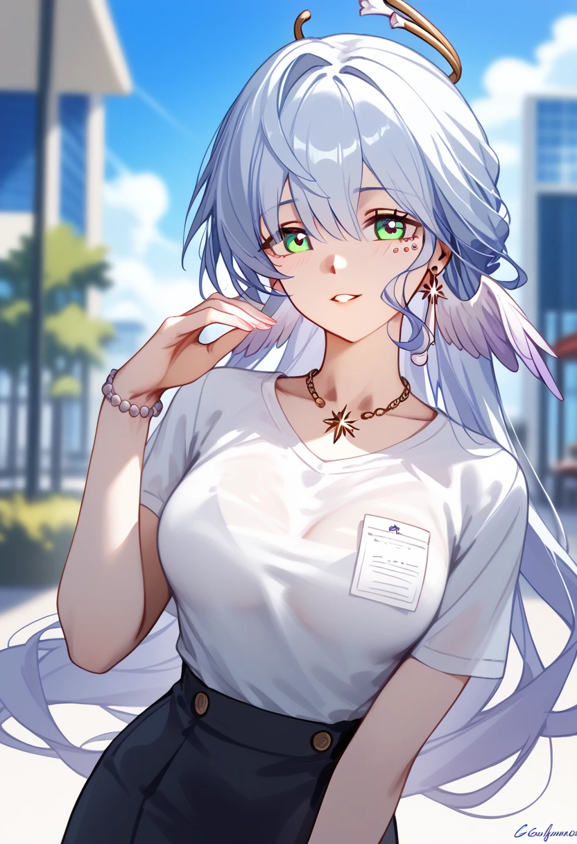 robin \(honkai: star rail\),  Business shirts、black Skirt、necklace、medium breasts、slender body、random expression、 random angles、random Dienamic pose, cowboy shot、close up、sexy Lip、Translucent skin， the skin is fair 、Moist eyes、Gentle eyes、Gentle look, solo,  outdoor、
BREAK
high definition , masterpiece,  anatomically correct, 最 High Quality ,  very detailed,  High Quality 