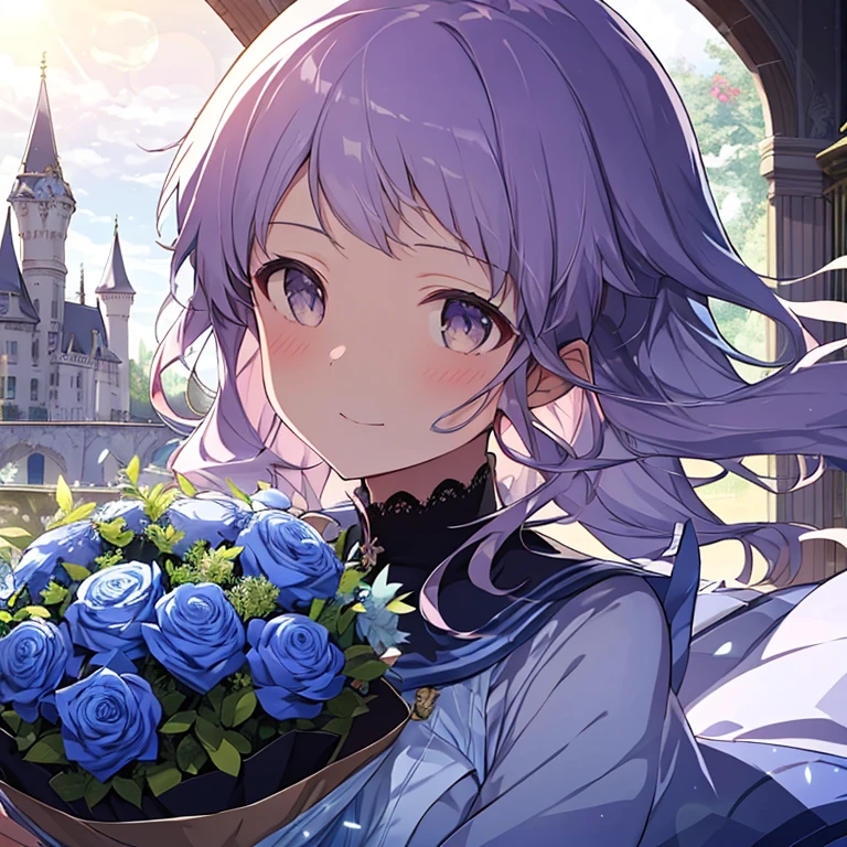  absurd ,  high definition , ( anime style:1.1), ((masterpiece)), (( top quality)), ( ultra detail), (beautiful), solo, beautiful face、(Lift Up),age、Inside a super large and delicate castle made entirely of glass、Cute Princess Clothes、With a girl、Purple Hair,  colorful eyes, viewers, lens flare,dramatic, 、Smiling、Holding a bouquet of blue roses