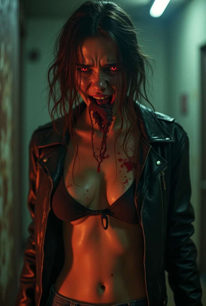 (masterpiece, best quality:1.2), ((RAW photo, Best quality)), (Realistic, photo-realistic:1.2) hot a zombie girl, horror, creepy, night, (((White eyes))), angry. ((Pale or greenish skin)), hottinig Body, wounds, empty eyes, torn clothes, slow movements, guttural noises, aggressive and cannibalistic behavior. Cinematic lighting.