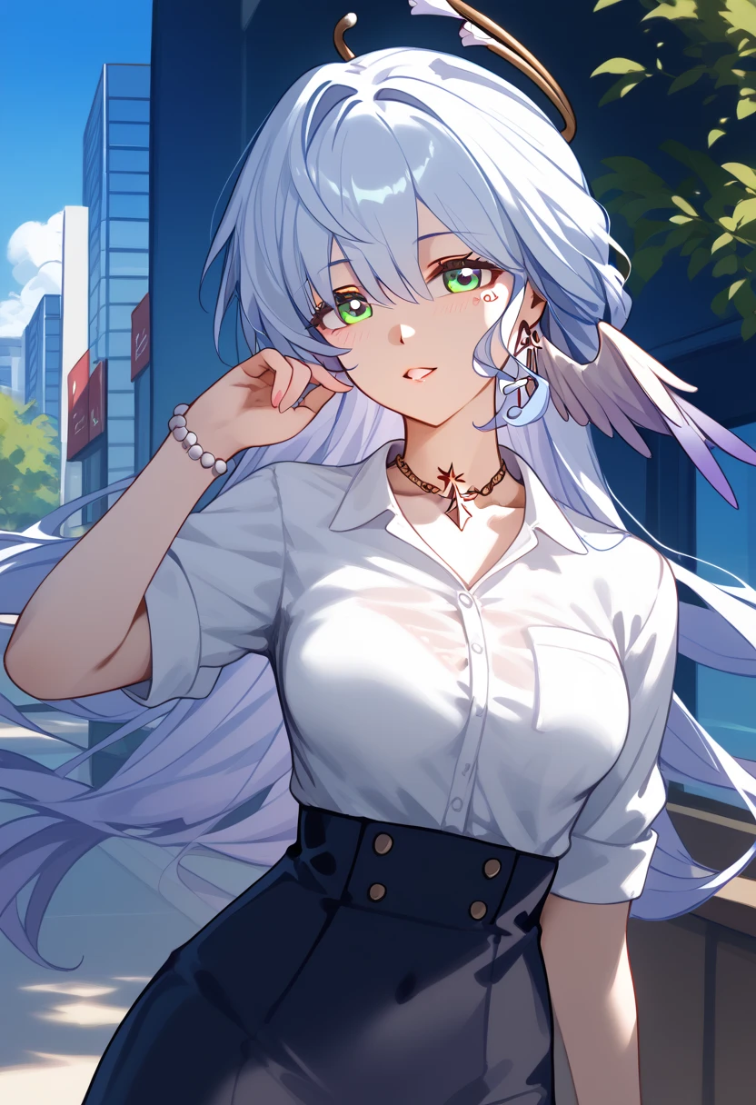 robin \(honkai: star rail\),  Business shirts、black Skirt、necklace、medium breasts、slender body、random expression、 random angles、random Dienamic pose, cowboy shot、close up、sexy Lip、Translucent skin， the skin is fair 、Moist eyes、Gentle eyes、Gentle look, solo,  outdoor、
BREAK
high definition , masterpiece,  anatomically correct, 最 High Quality ,  very detailed,  High Quality 