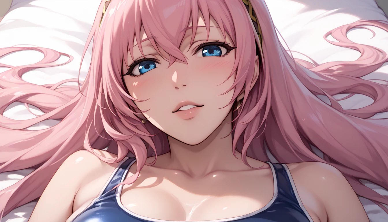 Erotic NSFW,(masterpiece), draw beautifully and in detail,ishigaki takashi Styles, vocaloid , an adult older sister,Megurine Luka,Long Pink Hair,Blue Eyes,Big Breasts, school swimsuit,lure, lies down, Add,Close-up of face,bedroom