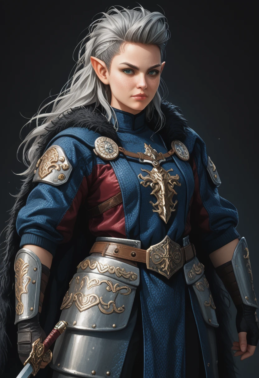 score_9, score_8_up, score_7_up, woman, simple background, dark background, green eyes, gorgeous, elf, fur outfit, black viking outfit, pale skin, solo, dark blue heavy armour, dark blue medieval armour, dark blue chainmail, mythril armour, elven ornaments, fur cloak, standing up straight, calm face, runic tattoos, silver hair, closed mouth, cowboy shot woman fighting, strong, wearing a sword , warrior, hair in the wind, big boobs, laufen, elf ears, long hair