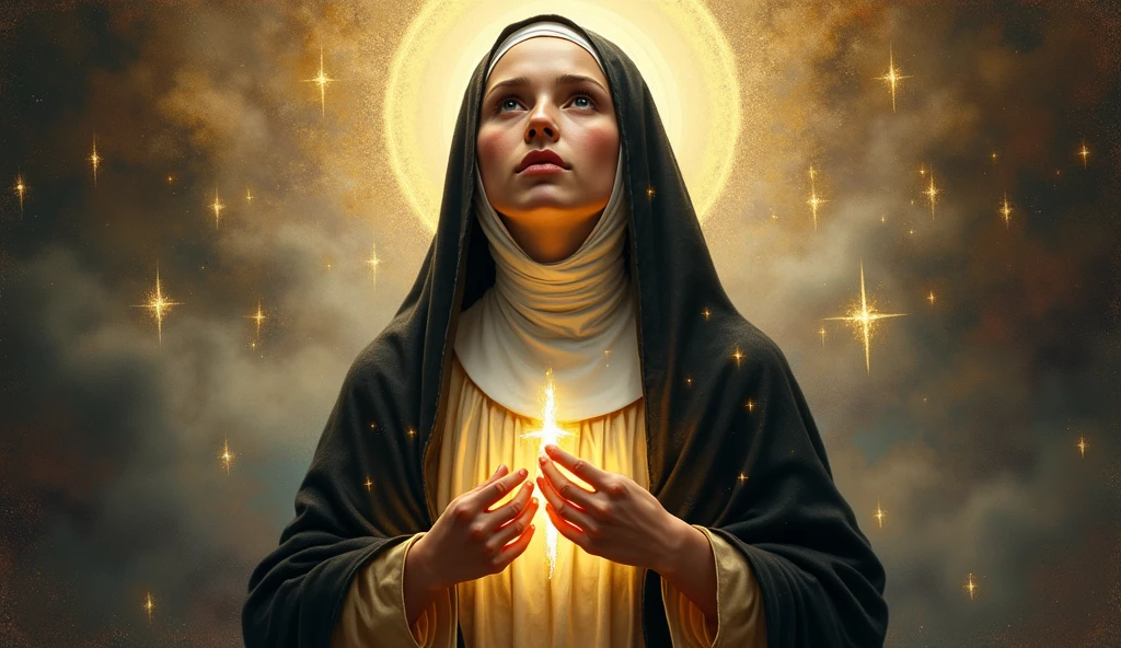 create an image of Saint Rita of Cassia in black robes with Jesus Mercy surrounded by many light roses
