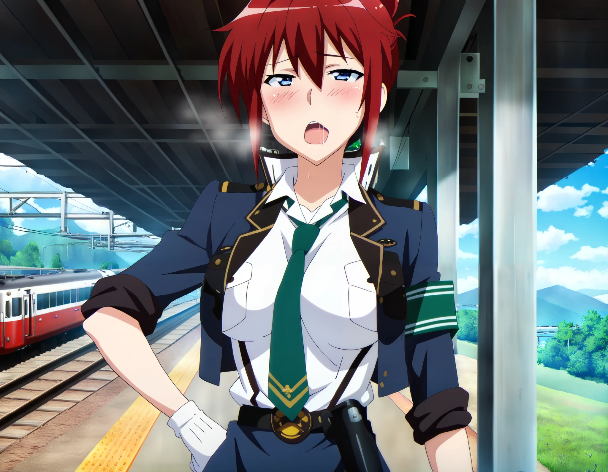 anime screenshot, rail wars!, sakurai aoi, 1girl, solo, red hair, folded ponytail, blue eyes, medium breasts, police uniform, blue jacket, open jacket, white shirt, collared shirt, sleeves rolled up, green necktie, armband, green armband, blue skirt, pencil skirt, black belt, white gloves, holster,hand on own hip, outdoors, train station, masterpiece, best quality, high quality, highres, absurdres,amazing quality, excellent,(2d cel anime,anime screencap,high collar:1.15763), (half-closed eyes,full screen, indoors:0.9), blush,(ahegao,torogao:0.9),heavy breathing,standing, realistic,(looking at viewer,portrait:1.2),upper body, 