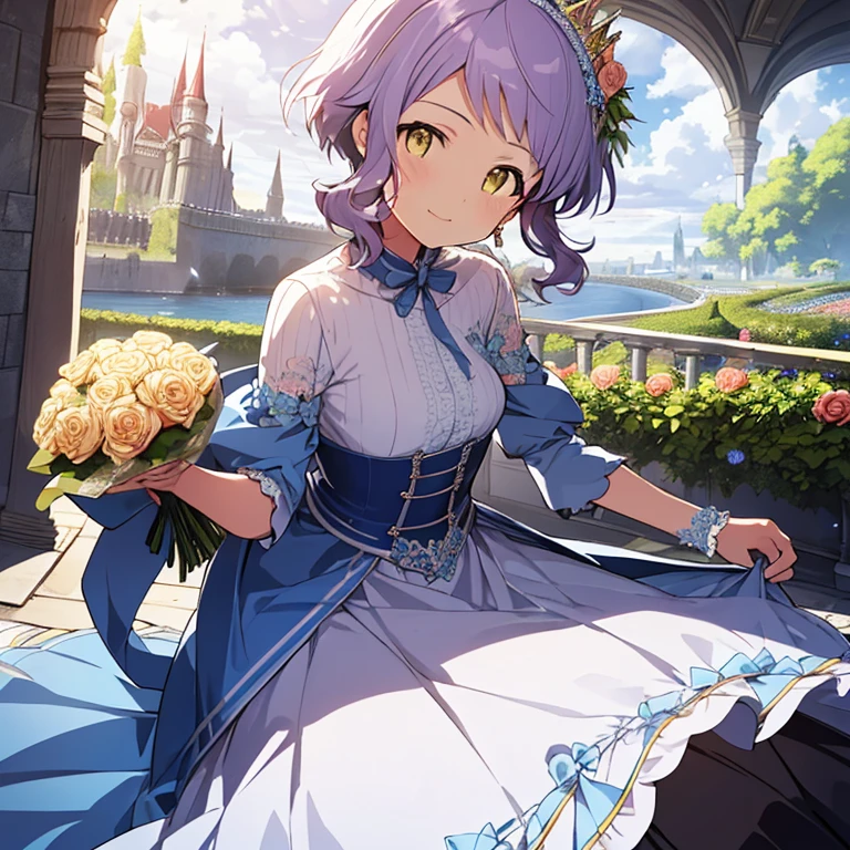  absurd ,  high definition , ( anime style:1.1), ((masterpiece)), (( top quality)), ( ultra detail), (beautiful), solo, beautiful face、(Lift Up),age、Inside a super large and delicate castle made entirely of glass、Cute Princess Clothes、With a girl、Purple Hair, ,  shorthair,  yellow eyes, viewers, lens flare,dramatic, 、Smiling、Holding a bouquet of blue roses