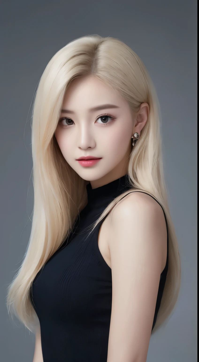 ((Realistic lighting、top-quality、8k、masterpiece:1.3))、Clear focus:1.2、1girl in、flawless beauty:1.4、slim((blonde hair))、Neat and clean clothing、One-piece clothes、Supene Face、Narrow-eyed、 double eyelids、lighting like a movie、photos realistic、28 year old、Straight hair、Face like a K-pop idol、white backgrounid、Gray background、black backgrounds、Mature Woman、Classy makeup、Light hair color Blonde、Angle of pull、