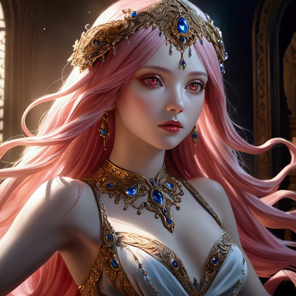 Medusa, hair composed of pink snakes, reddish white eyes, ultra-detailed sea surface, skulls in the reflection of her eyes, background of white stone statues of muscular and mature men, expression of anger and hatred, symbol of the feminine in the center, well-structured female body, golden jewels all over her body