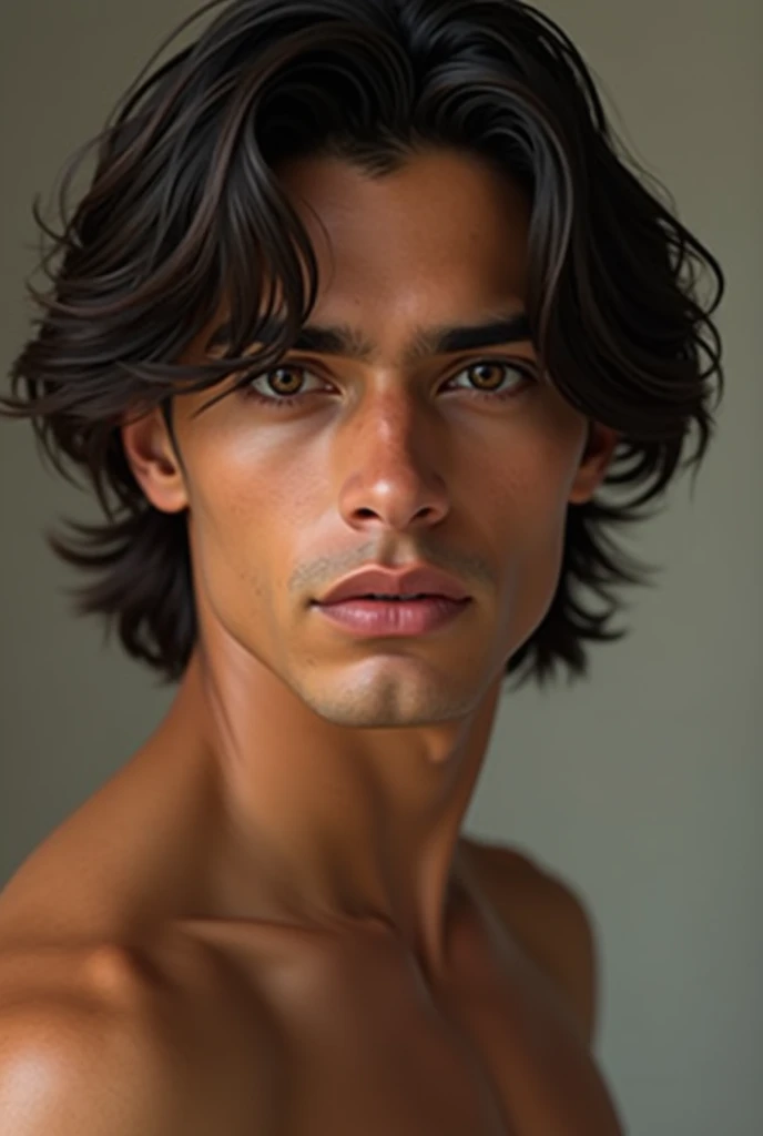Create my ideal type, man, high like 1.85m, thin but marked, brownish skin, long wavy messy high hair, 