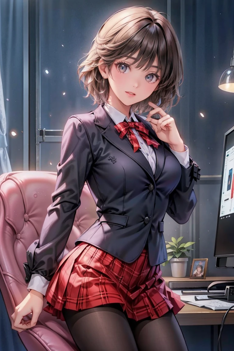 1girl, {{{5 head tall}}}, {{hdr}}, {{{masterpiece}}}, 4k, beautiful anime teen, {high resolution illustration}, {finely detailed beautiful eyes and detailed face}, (very detailed CG Unity 8k wallpaper), best quality, cinematic lighting, (photorealistic), Detailed, Ultra-Detailed, Digital Art, beautiful face, (bloom), detailed background, The girl has black short hair, ((brown eyes)), {{{formal school uniform; (red neck ribbon), (red plaid skirt), (black blazer), (see-through black pantyhose)}}}, gaming-room, gaming chair, smile, open mouth, playing game, computer