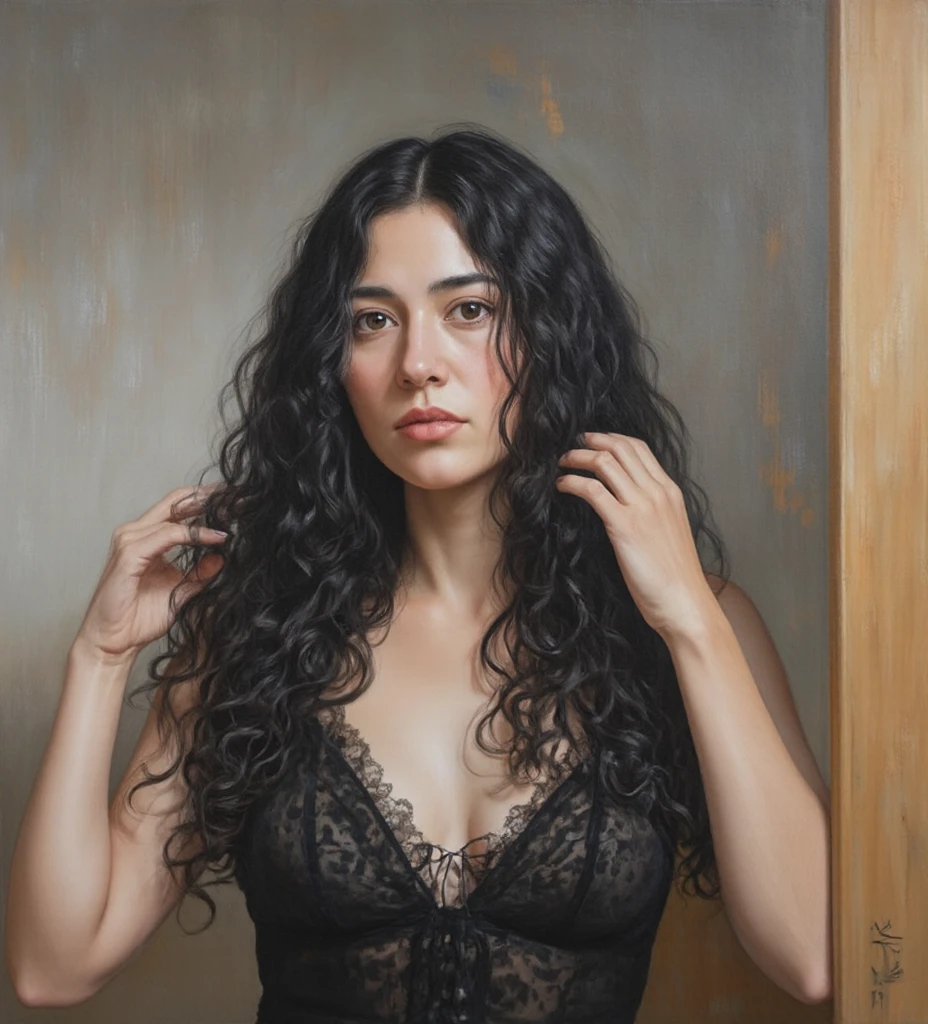 uma fotografia de uma mulher morena com cabelos varridos pelo vento, your hair tangled like flames against a twilight sky, emanating indomitable beauty