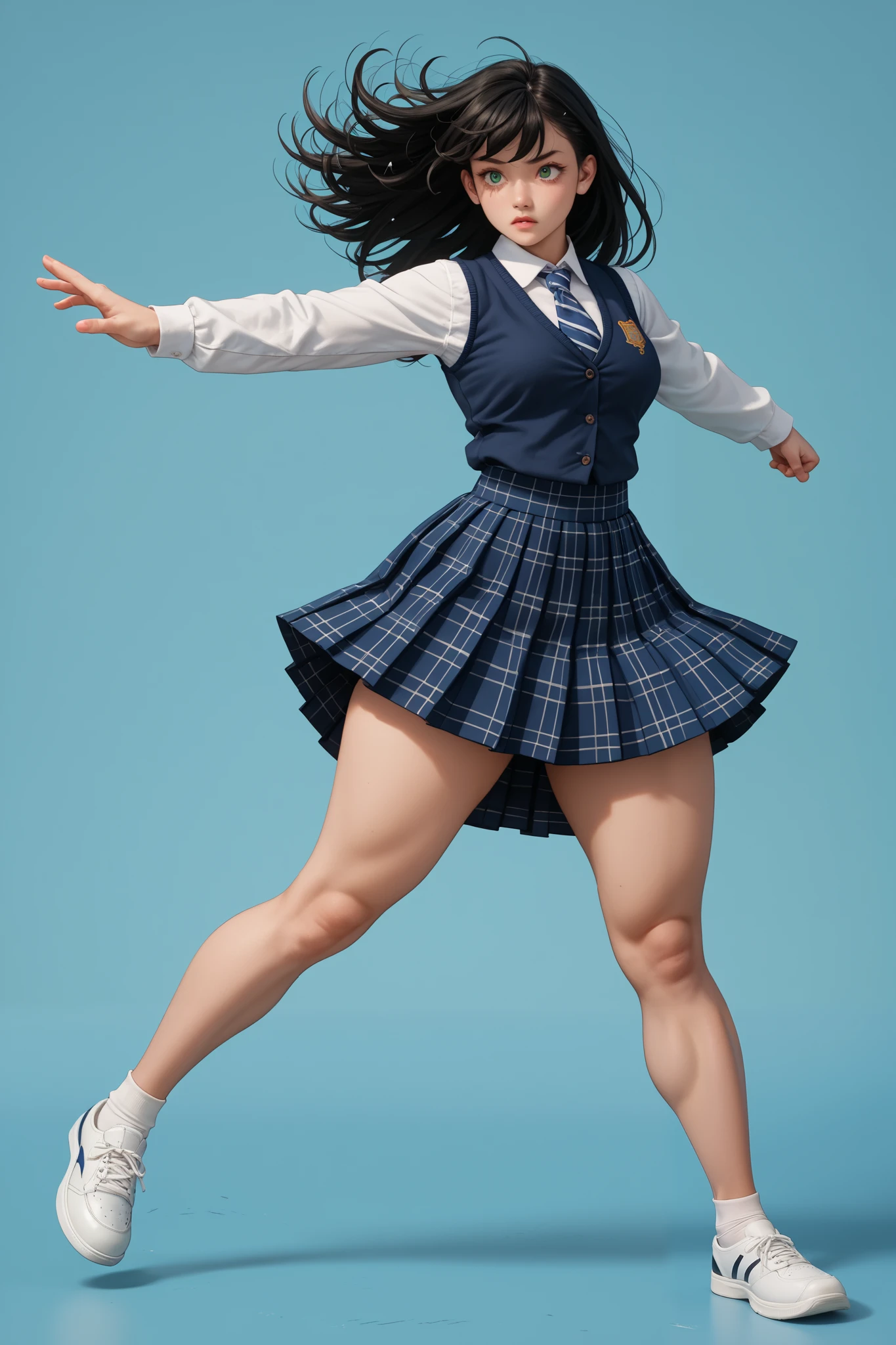 Song Eu-na is a youthful high schoold student. Rocking that luscious waist-long jet-black hair with side bangs and deep emerald eyes, wind-swept hair, she's also sporting a 90-62-100 B-W-H size and 165cm heights. Her beauty lies on her diligence, look, and most of all her fit body. Her model long legs with thick thighs are to die for, both literally and figuratively. School dress, shirt, ribbon tie, vest, checkered skirt, (kumite karate-stance with elegance:1.2), untouchable stoic ice queen of the school, BREAK, prestigious school background, masterpiece, best quality, fullbody close-up view,