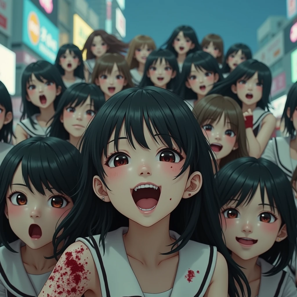 masterpiece, best quality, <lora:empty_eyes:1>A crowd of zombies is heading this way,looking at viewer, (reach out viewer), AS-Young,show fangs