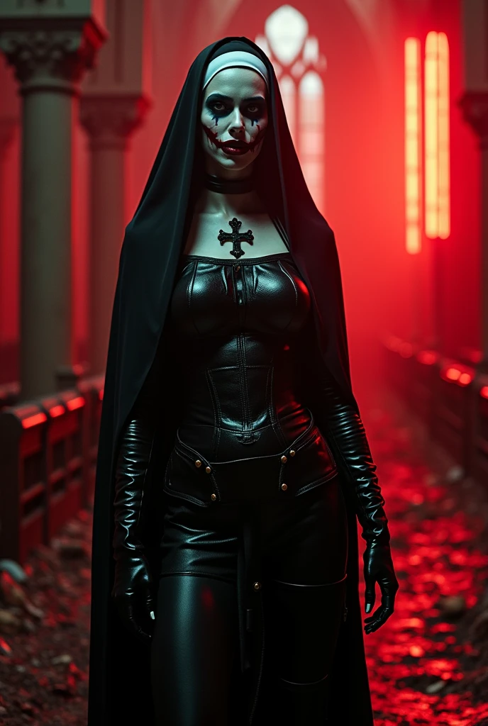 ral-opal, meahophontron, pretty girl, Whole body, woman robot face, cyberpunk, devil nun, negro, looking to the camera, nun body clothing, Red eyes, primer plano looking to the camera, realist, Beautiful woman, Cara sexy, black clothes, gray and red, Red high heels, holding a red crucifix, red symbols in the background
