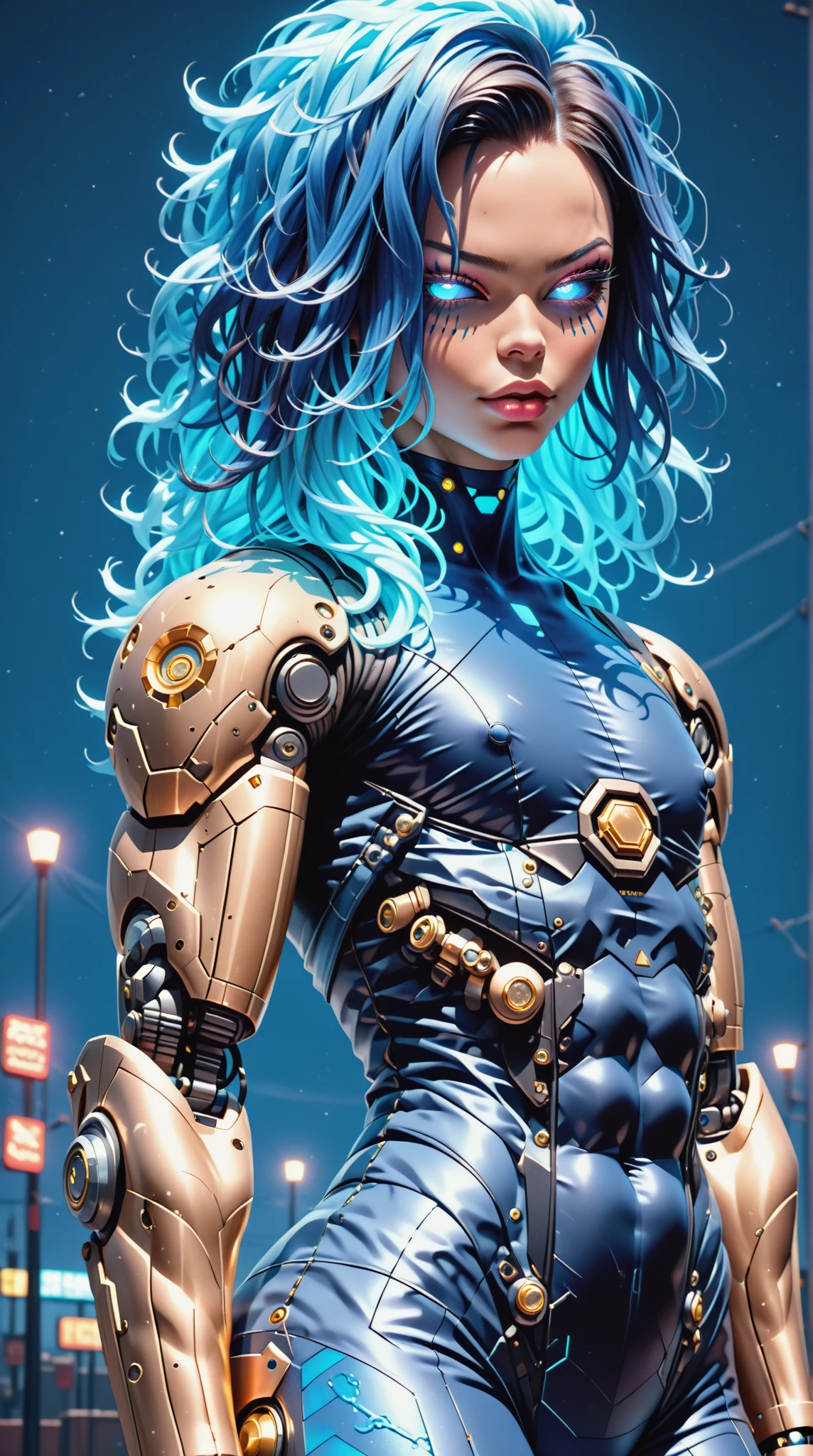 score_9, score_8_up, score_7_up, (Three quarters Shot), (1 girl), (asian), beautiful teenage (skinny) muscular goth cyborg girl, (full Cybernetic bodysuit:1.5), (black sclera:1.5), (blue glowing eyes:1.5), (blue glowing body veins:1.5), (flat chest:1.25), (blue glowing hair:1.25), (beautiful face:1.25), (bodybuilder femboy physique:1.25), (skinny long legs:0.75), (intricate gold filagree:1.25), bimbo lips, cowboy shot, cybernetic, mechanoid body parts, exposed cables and circuits, neon lights, gothic neon style, cyber punk style, super realistic image, beautiful digital paint , hyper Realistic illustrations, Stable_Yogis_Scenery_Negatives, Stable_Yogis_Scenery_positives,  Stable_Yogis_PDXL_Positives, Stable_Yogis_PDXL_Negatives