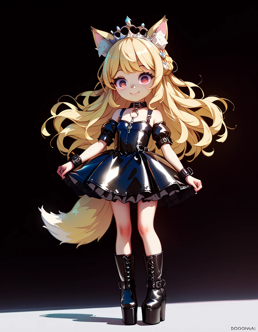  high image quality、 High Quality 、  girl、 big eyes、Droopy eyes、smile、Pure、crown、Wolf ears、Wolf Tail、Blonde、Platform boots、princess、 leather bondage dress