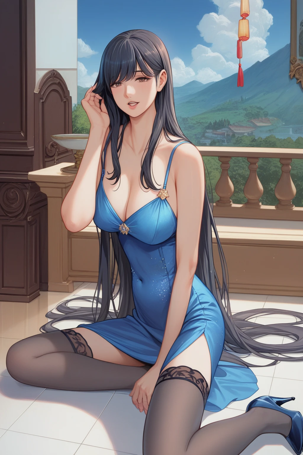  adult woman,Married Woman,Light Black Hair , Very Long Hair ,  hair hanging over shoulders , Hair ties,bangs, Brown Eyes ,clavicle, smaller breasts, blue luxury party dress, black garter stockings ,navy blue heels ,background hotel party venue , face forward, standing, viewers, smiles,Open your eyes, closes her mouth, Head to Knee Composition ,solo,  anatomically correct, masterpiece, 最 High Quality ,  high definition model ,  High Details ,  High Quality ,  very detailed,  textured skin,  Ultra High Definition,  8k octane, 