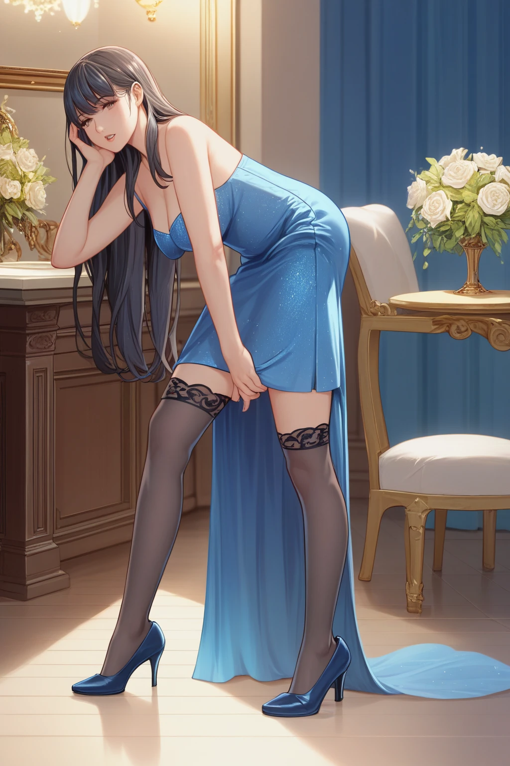  adult woman,Married Woman,Light Black Hair , Very Long Hair ,  hair hanging over shoulders , Hair ties,bangs, Brown Eyes ,clavicle, smaller breasts, blue luxury party dress, black garter stockings ,navy blue heels ,background hotel party venue , face forward, standing, viewers, smiles,Open your eyes, closes her mouth, Head to Knee Composition ,solo,  anatomically correct, masterpiece, 最 High Quality ,  high definition model ,  High Details ,  High Quality ,  very detailed,  textured skin,  Ultra High Definition,  8k octane, 