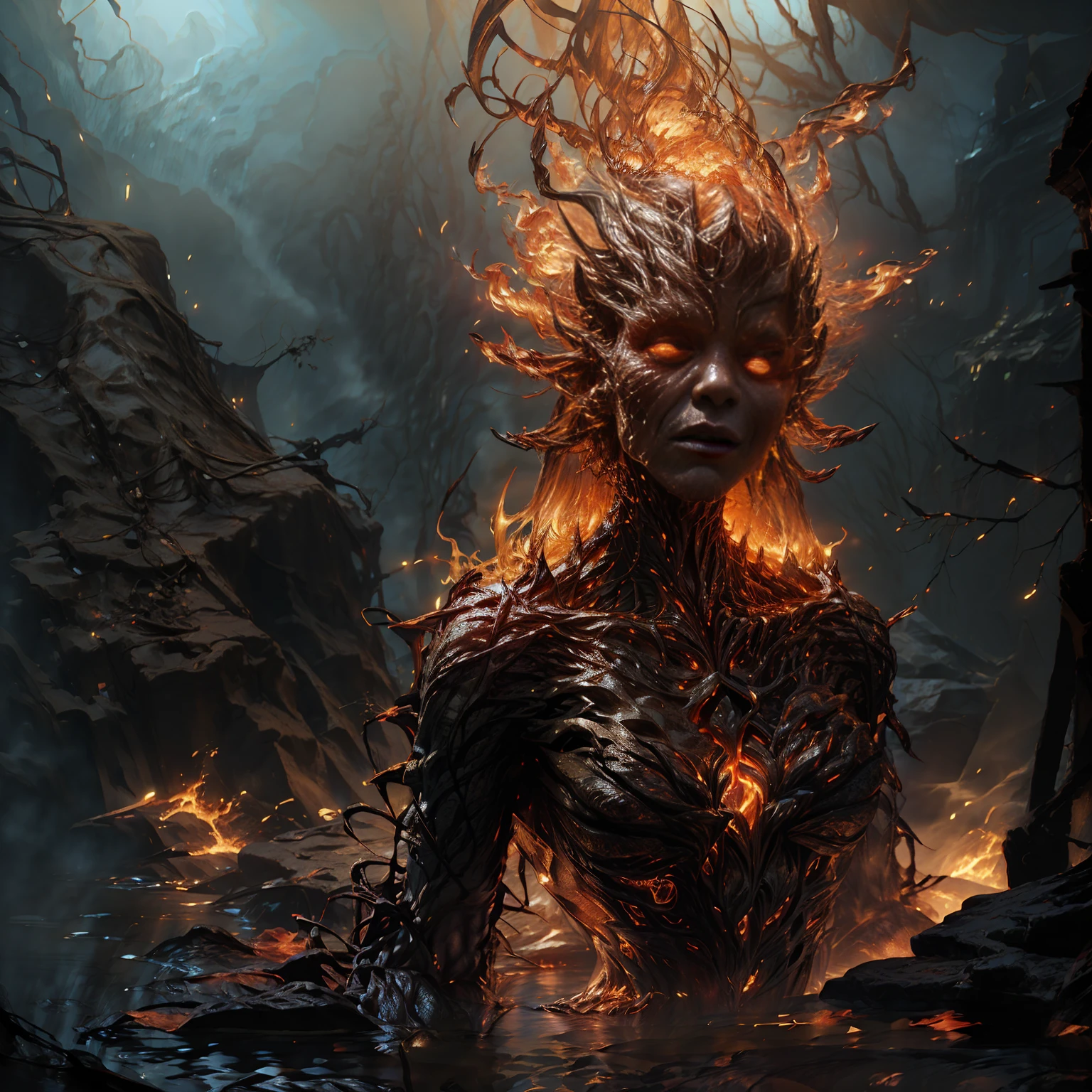 Beautiful woman with fiery elemental form, elaborate fiery details, large breasts, sensual pose, detailed face features, ethereal fire effects, dramatic lighting, cinematic composition, fantasy art, vibrant colors, seamless integration