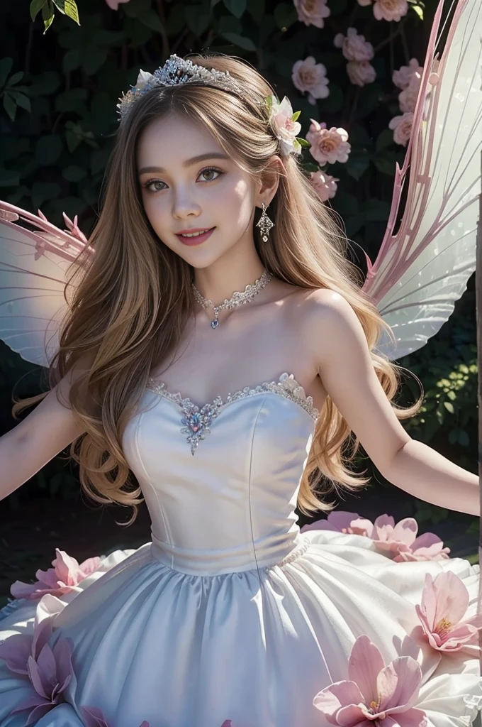 Masterpiece, hd, realistic, 1girl, beautiful girl, smiling, regal, (fairy dress),Lolita dress, vibrant, vivid, (bows), brown hair, ponytail, wearing Tiara, dress, wearing red purses, (purses:1.2), standing, outdoor