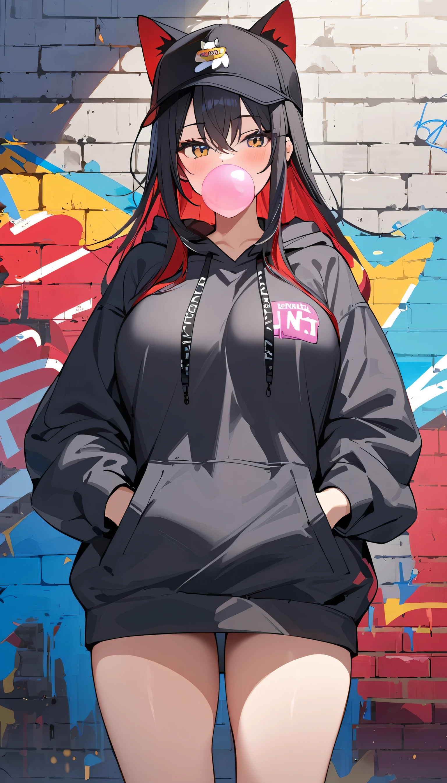 mixed_artwork style, 1 girl, standing alone, hands, Asian, short black hair with red highlights, red eyes, Photography, Techwear, hip-hop, graffiti, cap, stylish, b-girl, Dragon, black and red,