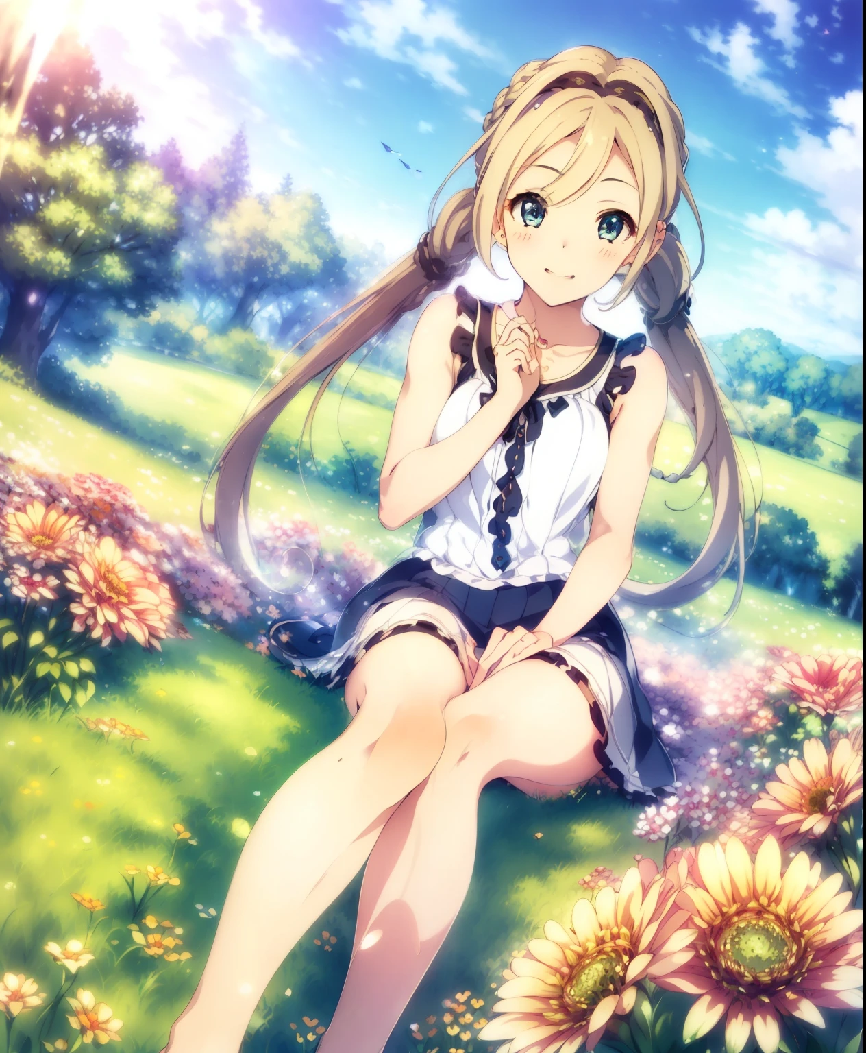 (masterpiece、 top quality、 top quality、 Official Art、 beautiful and beautiful :1.2)、(一人の girl:1.3) Hatsune Miku 、 twin tails, Beautiful breasts,(Masterpiece:1.3),(Best quality:1.3),(High quality:1.3),(8k),(large-scale masterpiece Digital art),(Detailed manga illustrations),(Intricate details:1.3),(Ultra-detailed:1.3),(illustration:1.3),(Sharp focus:1.3),(Natural lighting:1.05),( bright color:1.3),(Face lighting:1.1),(Well-lit face:1),(Perfect face:1.3),(Beautiful face:1.3),(Alluring eyes:1.4),(Beautiful eyes:2),Extremely detailed CG,detailed anime art,((perfection)) anatomy, Perfect hands,Extremely detailed face,Extremely detailed eyes,Extremely detailed body,extremely detailed finger,well edited photography,(((beautiful image))), a master piece of storytelling, (a picture of idyllic Outdoor nature scenery, the meadow with various colorful flowers Spirit of Brilliance under blue sky, a *********** in white light gauze sleeveless skirt sitting on the ground),((Alone)),((1 girl)),((Chibi, smaller,**** girl,***********),***, s flat chest,round young face,big clear eyes,long eyelashes),cute, young, s, Holding flowers, White Skirt, sleeveless, short skirt , goddess braid,Dynamic hair, Green Eyes, bare legs, bare feet,innocent,chaste,soft face, smile, happy expression,Innocent mood, Outdoor, grass field, various colorful flowers, blue sky, ふわふわの白い雲 , warm daylight, idyllic nature scenery, Spirit of Brilliance , peaceful atmosphere, Calm feeling, (Extremely detailed background:1.5),(whole body:1.5), model shooting style , model shooting style , looking at viewer, Colorful Lighting , dazzle,(Natural lighting:1.3), aesthetic composition