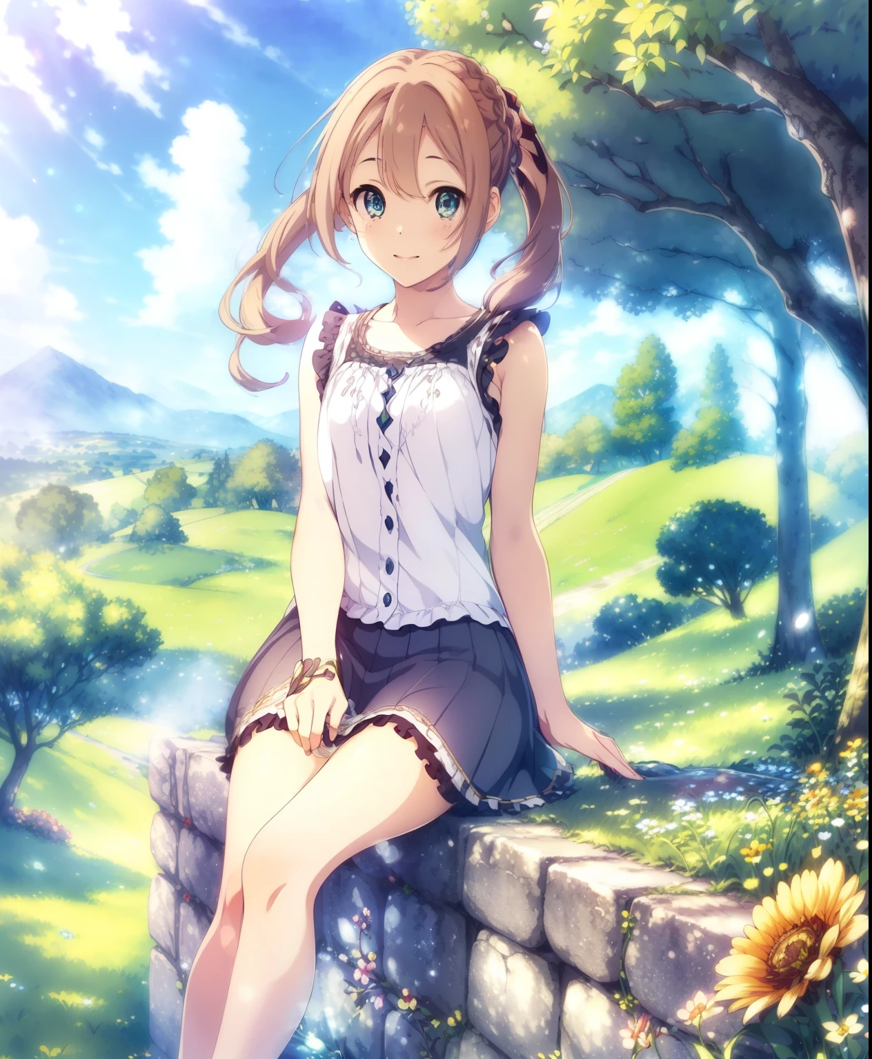 (masterpiece、 top quality、 top quality、 Official Art、 beautiful and beautiful :1.2)、(一人の girl:1.3) Hatsune Miku 、 twin tails, Beautiful breasts,(Masterpiece:1.3),(Best quality:1.3),(High quality:1.3),(8k),(large-scale masterpiece Digital art),(Detailed manga illustrations),(Intricate details:1.3),(Ultra-detailed:1.3),(illustration:1.3),(Sharp focus:1.3),(Natural lighting:1.05),( bright color:1.3),(Face lighting:1.1),(Well-lit face:1),(Perfect face:1.3),(Beautiful face:1.3),(Alluring eyes:1.4),(Beautiful eyes:2),Extremely detailed CG,detailed anime art,((perfection)) anatomy, Perfect hands,Extremely detailed face,Extremely detailed eyes,Extremely detailed body,extremely detailed finger,well edited photography,(((beautiful image))), a master piece of storytelling, (a picture of idyllic Outdoor nature scenery, the meadow with various colorful flowers Spirit of Brilliance under blue sky, a *********** in white light gauze sleeveless skirt sitting on the ground),((Alone)),((1 girl)),((Chibi, smaller,**** girl,***********),***, s flat chest,round young face,big clear eyes,long eyelashes),cute, young, s, Holding flowers, White Skirt, sleeveless, short skirt , goddess braid,Dynamic hair, Green Eyes, bare legs, bare feet,innocent,chaste,soft face, smile, happy expression,Innocent mood, Outdoor, grass field, various colorful flowers, blue sky, ふわふわの白い雲 , warm daylight, idyllic nature scenery, Spirit of Brilliance , peaceful atmosphere, Calm feeling, (Extremely detailed background:1.5),(whole body:1.5), model shooting style , model shooting style , looking at viewer, Colorful Lighting , dazzle,(Natural lighting:1.3), aesthetic composition