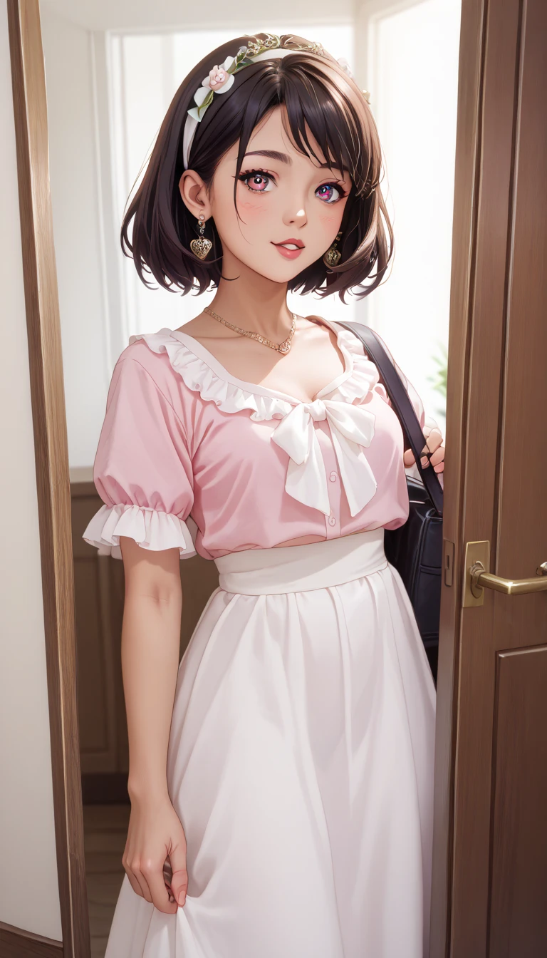 (((anime art style))), perfect anime drawn, (8k、 Highest quality Indian image 、 highest quality 、masterpiece)、  detailed face、intricate eyes , 1 ,a lovely girl  , teenager,   in pink blouse and white sari standing at the door, honeymoon humor 