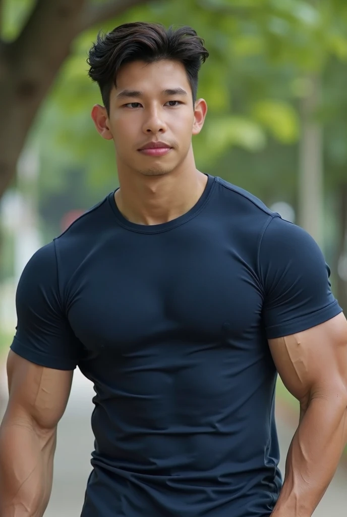 armface , Handsome young man standing, (have a mustache:1) ,(buzz cut:1.1), (short hair:1.2), The forearms are muscular., (Navy blue tight-fitting T-shirt:1.5),Jeans, Big muscles, Handsome and muscular, full body angle, (river:1.3), natural light 