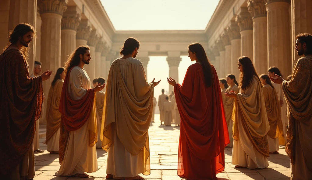 Egyptian hospitality scene, Abraham and Sarah being welcomed by an Egyptian noble in a luxurious palace, rich colors, extravagant decor, warm and welcoming atmosphere --ar 16:9 --v 6