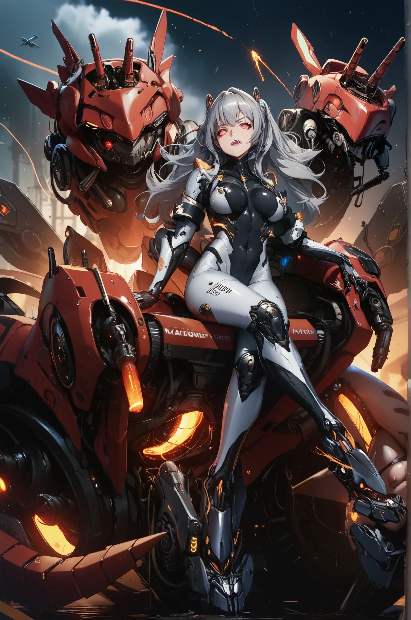 Mechanical Weapon Girl. （Close-up）Full body bodysuit. Latex. Cyber wind. Light armor. A look of contempt. Grey hair. Breasts perky. Glowing red eyes. Glowing core. A mechanical monster in the background. large sharp claws; Mechanical Fang. Red and black machine. Battleship. Sit down. Cross legs. Arms crossed. A swarm of mechanical insects.