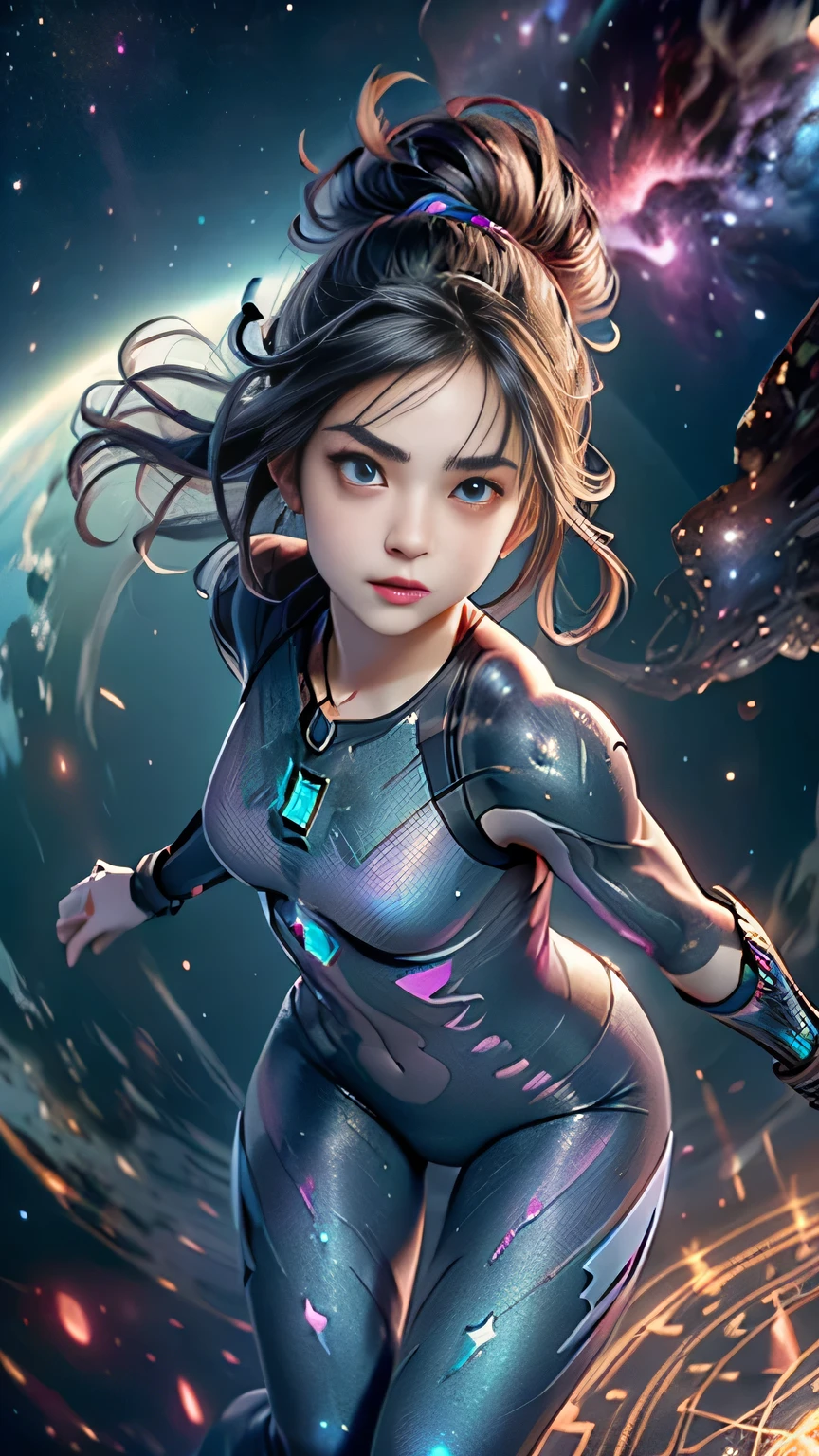 ((high quality)), ((details)), ((fantasy)), official art, unity 8k wall, 8k portrait, best quality, ultra high resolution, (beautiful italian teenage girl), (detailed iridescent bodysuit with beautiful fractal or marble design: 1.4), female warrior of the space defense force, amazingly spectacular battle scene, blue plasma brain, green plasma body, showing armpits, beautiful breasts, (tense and stiff expression), photorealistic, (amazingly beautiful natural background), (18 age),(sexy and attractive),(dynamic pose),(combat pose),beautiful and seductive face,portrait,(thick eyebrows),(big brown eyes),beautiful and symmetrical eyes,(ultra detailed eyes),(high resolution face and eyes),intimate face,(ultra detailed skin texture:1.2),pale skin,perfect anatomy,slender,(beautiful and toned body:1.3),hair detail,(moist skin:1.2),excellent anatomy,focused face,nice,(delicately made around the neck necklace), (bioluminescence gives off a vivid glow: 1.2), (glowing magic circle), ruins of an old castle, majestic glowing cloud mass and sky, lightning, spectacularly realistic, (blue-green and orange), (art station), cinematic, highly detailed, dramatic light, (intricate detail: 1.1), beautiful black hair, (wearing a jeweled gauntlet with intricate and very beautiful design), small chest, galaxy, (nebula: 1.3), dark knight, fully armored body focus,