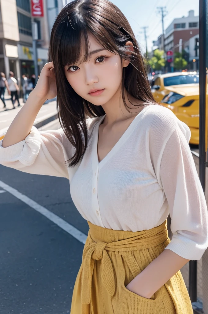 (((masterpiece))), (((cowboy shot,is standing)),(One beautiful Japan girl, Innocence,kawaii) ,超A high resolution, Realistic, ultra-detailliert, 8K,top-quality, Extremely detailed, blurry backround,A slender,small tits,very beautiful japanese girl, Detailed face:1.3), (Short hair like a boy,A dark-haired :1.4), (a baby face,kawaii系,adorable 10 year old girl), (Perfect body:1.1), (White sheer cardigan,Light brown pleated mini skirt), Crying face,Super Detailed Face、Detailed lips、Detailed Big Eyes、small gravure idol,Transparent skin、Lori,carrying a small black backpack,waiting for the train on the station platform,Looking up from the ground,early evening,キュートでkawaiiポーズ, Warm tones