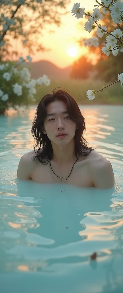 Handsome Asian Male Model One Black Hair short hair Short cut Beautiful Skin slim and muscular Very small tight white speedo swimsuit White g-string, no clothes on the upper body Sleeping floating on the water on his back
whole body