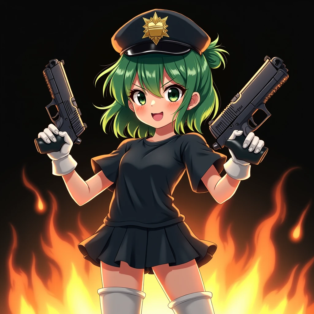 girl wearing black punk style clothes with gun to head, cowboy shot, standing, (crazy smile, laughing:1.2), green hair, (godiva Hair, asymmetrical hair:1.3), hazel eyes, eyeshadow, glowing eyes, gun, holding gun, dark background, dark lighting, incredibly absurdres, 8k wallpaper, amazing details