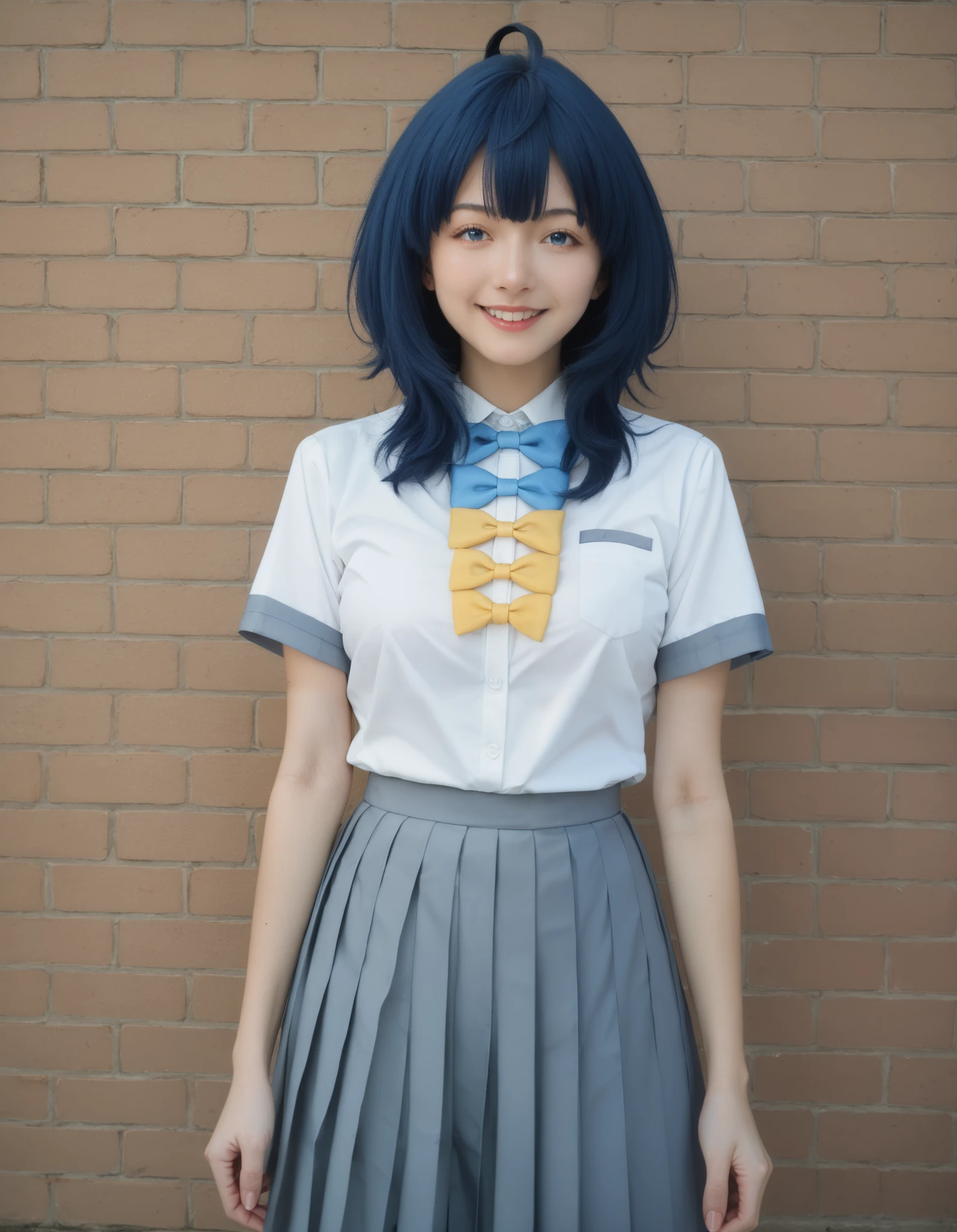 Masterpiece, realistic, cosplayer, hd, best quality, annayanami, medium hair, blue eyes, ahoge, blue hair, medium breasts, skirt, shirt, bow, school uniform, white shirt, short sleeves, pleated skirt, bow tie, yellow bow, gray skirt, yellow bow tie, blue bow, blue bow tie, standing, outdoor, smile