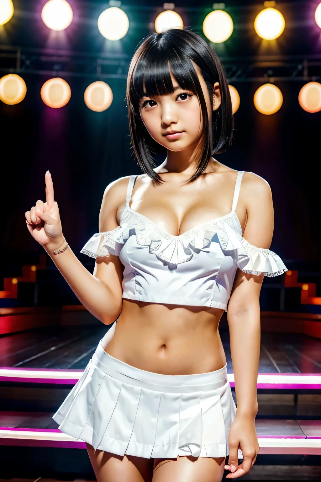 hypnotist, Japanese, , black hair, Short Straight Hair , very short hair, hair even shorter than very short hair, with bangs, Long straight hair with thin dark eyes and droopy eyes , Miniskirt with ruffles and lace with slightly sagging eyes , round face, chubby body , very small breasts with open eyes, flat chest, petcha pie, Primary school studenthole face, face and body face the viewer , stand straight with only the index finger of your right hand , stand straight and vertical with my index finger, bring your thumb and middle finger into contact , Hold your ring finger and little finger , Point at the viewer with a raised index finger, Each hand has only 5 fingers, Hypnotize viewers , white shoulder blouse, A see-through black miniskirt that shows through the inside, Pink striped underwear , HD quality, (Photorealistic:1.4), RAW photos , Japanese girl, ( High Resolution Details of Human Skin Texture), The background is a magic show stage , Glittering lights,