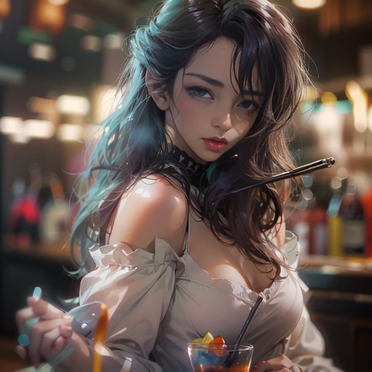 Mucha rough sketch style , Hallucination, daydream , nightmare , Insane Dream , bokeh , erotica , realistic Japanese female mouse , round face , Seductive eyes , (Cleavage:0.5) , realistic long nose , hair tie , Bar, Cocktails , cheese , (relax Clothes)