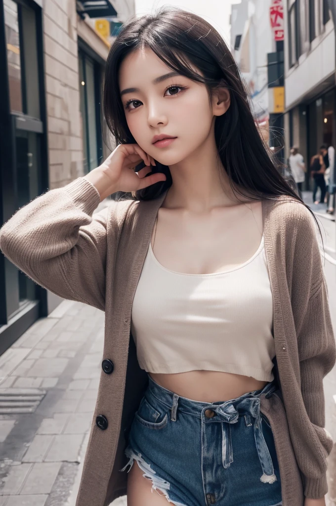 mix4, (8K, RAW images, best qualtiy, tmasterpiece: 1.2), (realisticlying, Realistic pictures: 1.37) ,1girll, adolable, scenecy, the night, Sateen, dampness, profesional lighting, photon maping, Radio City, Physically based displays, Bandeau,无袖,cropped shoulders,Crop topping,adolable,shyexpression,