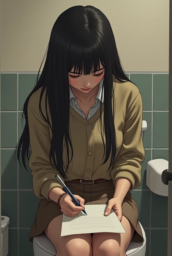 Korean female long straight hair with bang wear sweater and wear long sleeve button shirts Khaki colour and skirt khaki colour with belt sitting on toilet seat write something on paper view from behind